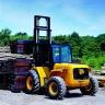 yellow rough terrain forklift in front of a field