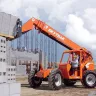 Orange and gray 6,000 lbs. Telehandler Reach with forklift extended carry material on jobsite